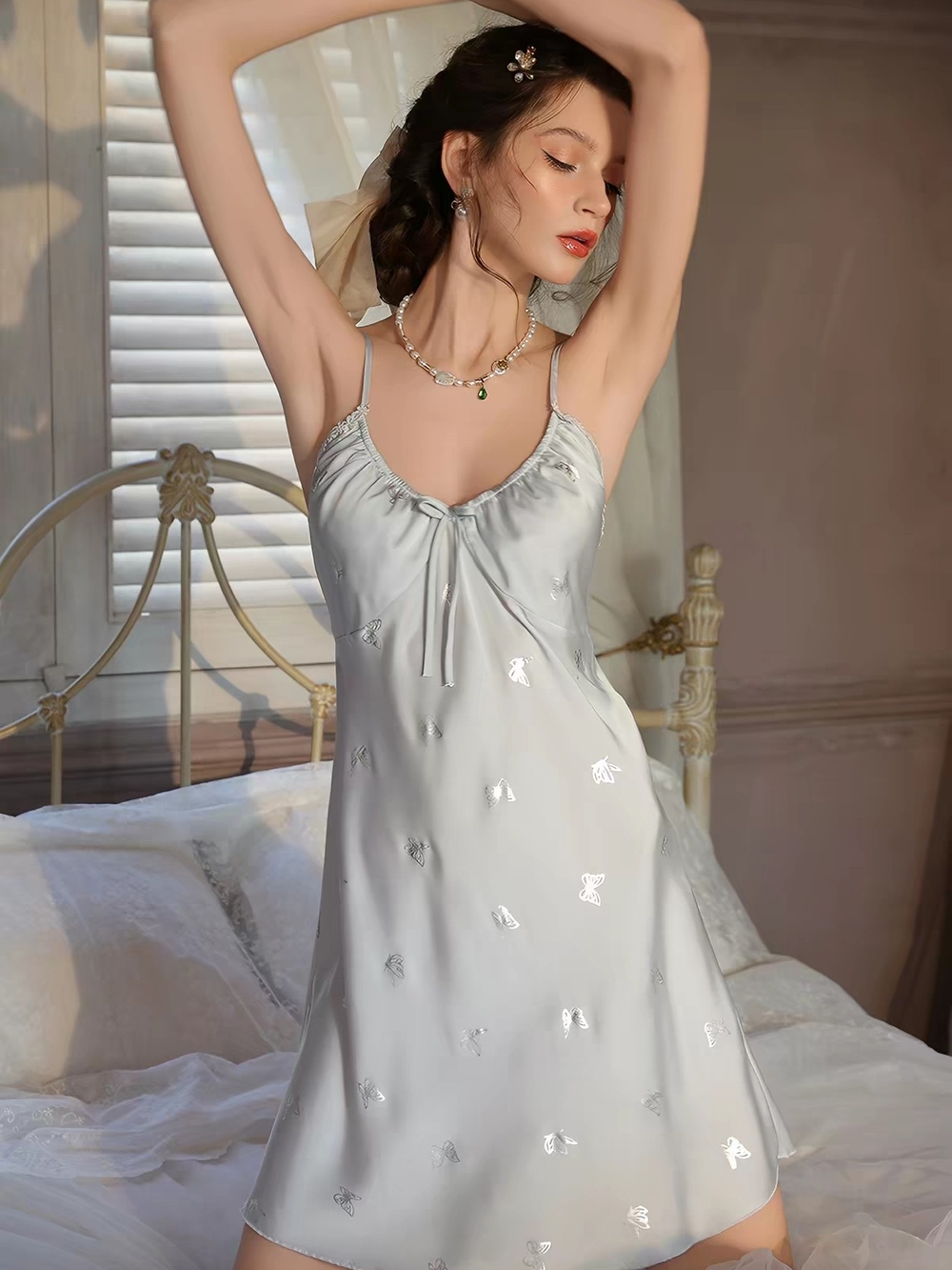 Butterfly Print Ice Silk Night Slip with Removable Chest Pads